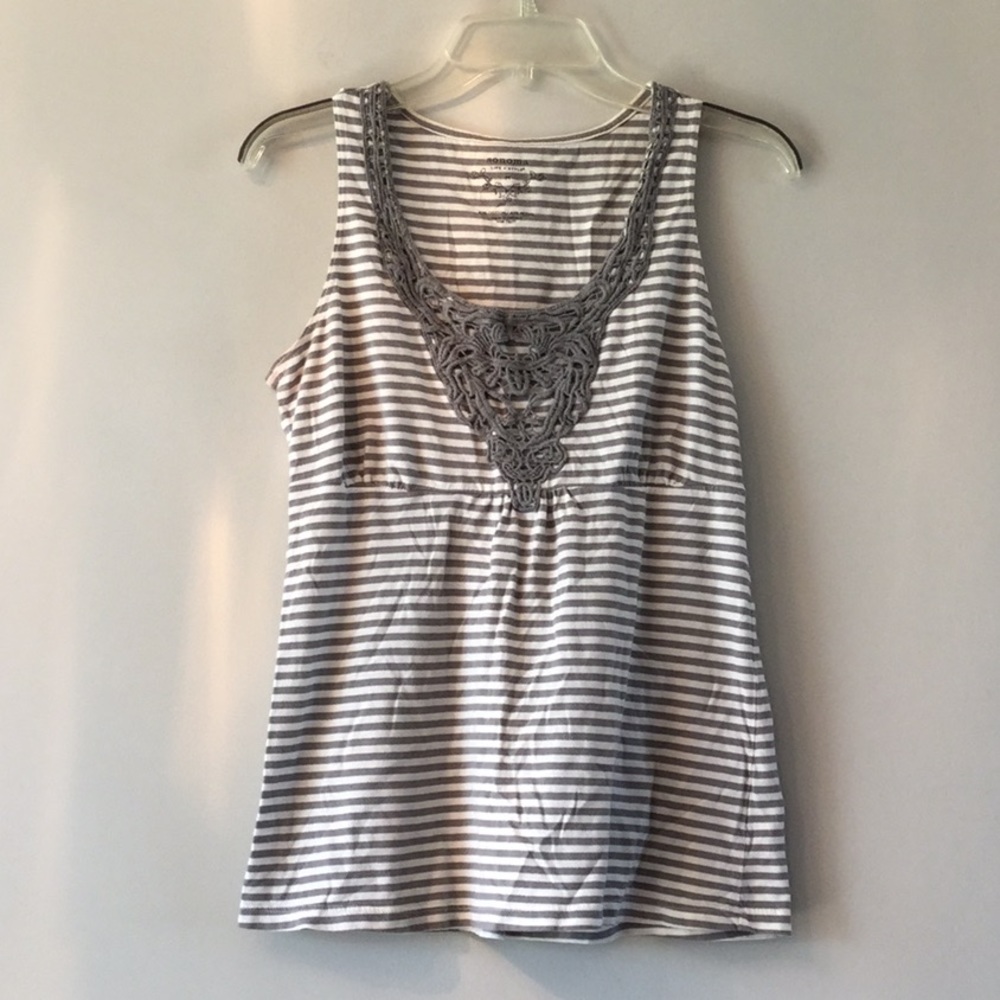 Gray and white stripe tank and crochet detail